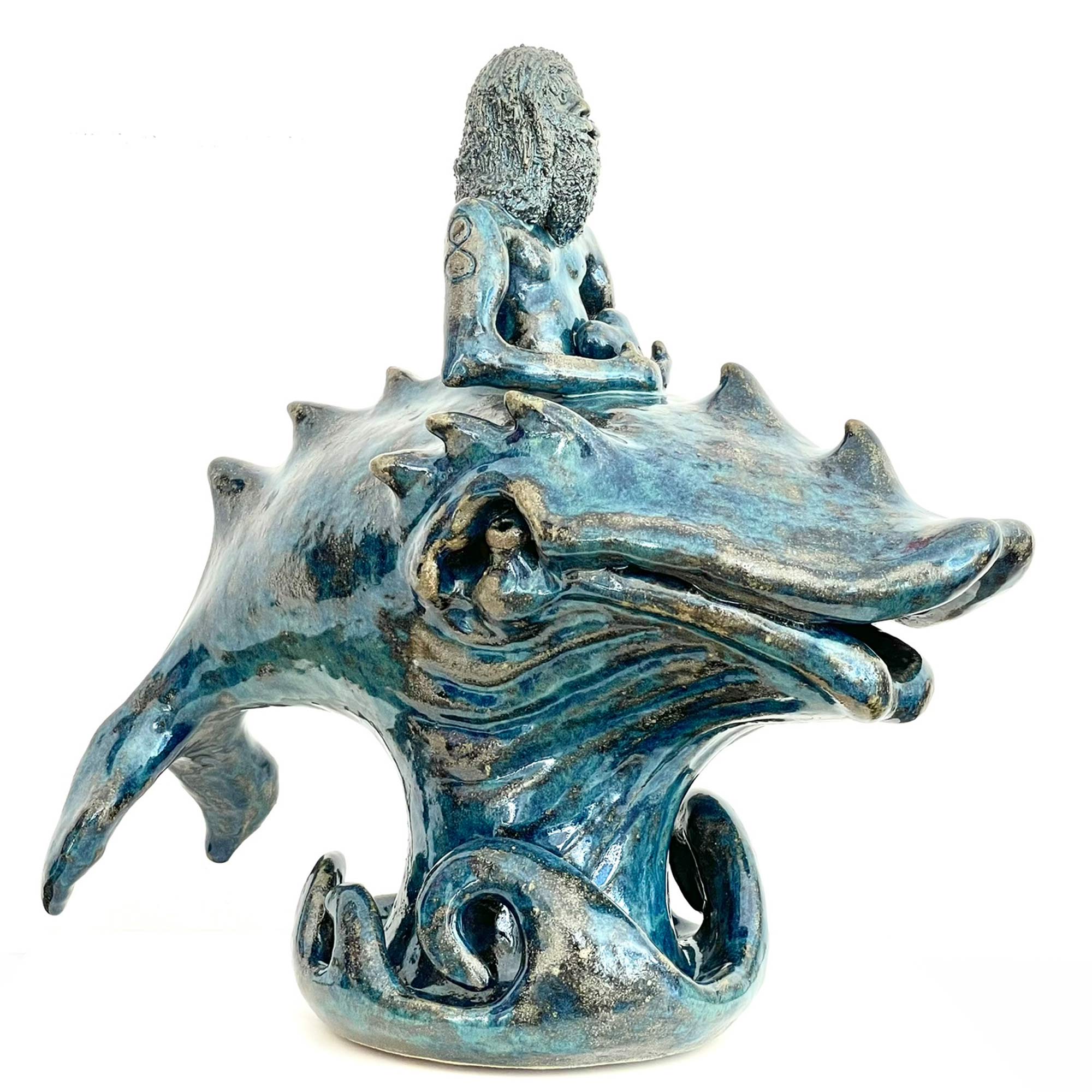 Unique petroleum blue Poseidon sculpture for home decor